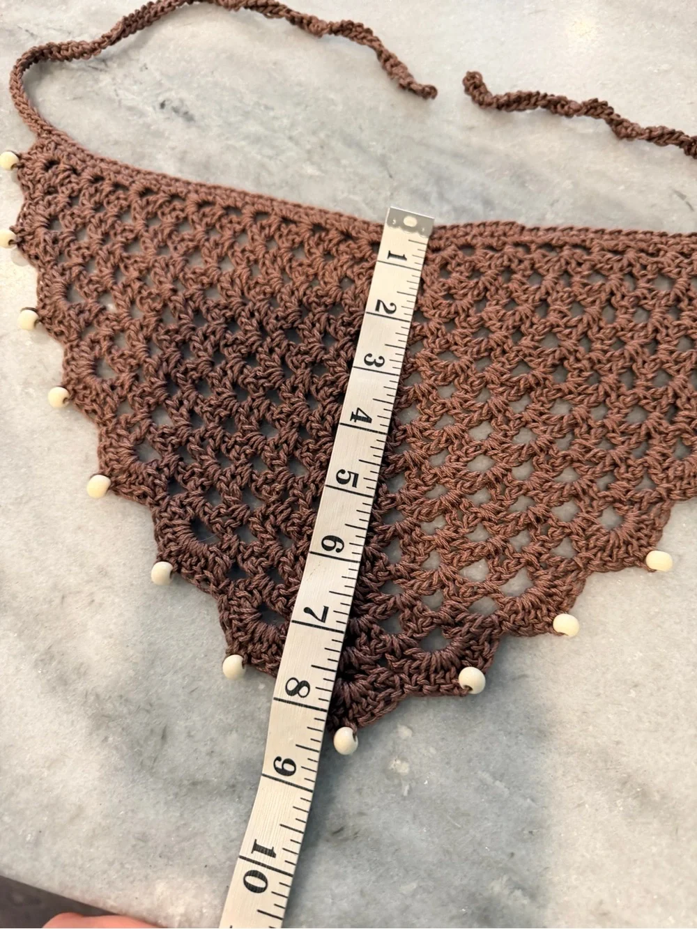 Handmade Crochet Wood Beaded Kerchief Head Scarf Cotton Boho Bandana Cottagecore